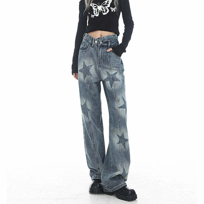 Aesthetic Star Washed Jeans - Y2K Fashion Essential for Trendy Outfits