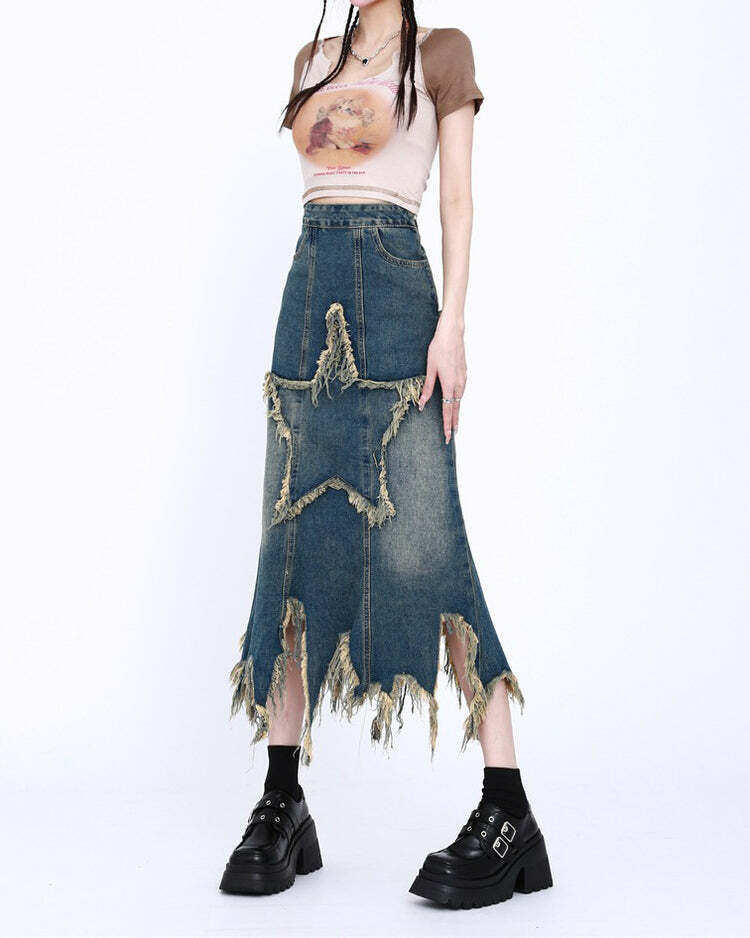 Aesthetic Star Y2K Long Denim Skirt - 2000s Fashion Trend