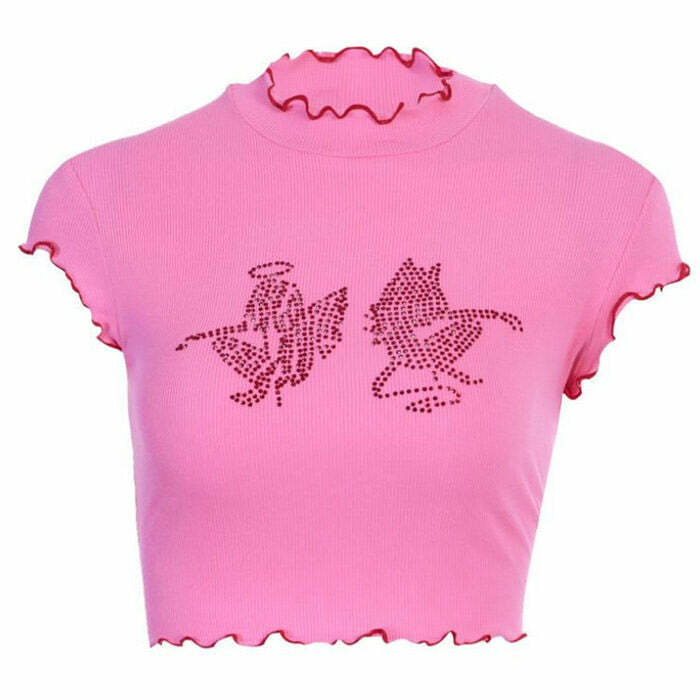 Angel & Devil Rhinestone Crop Top - Y2K Fashion Aesthetic Essential