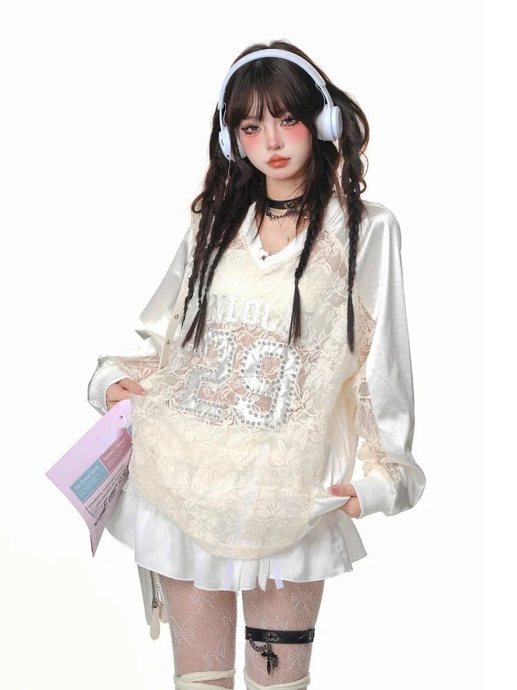 Angelic Lace Satin Sweater - Y2K Fashion Essential for 2000s Style