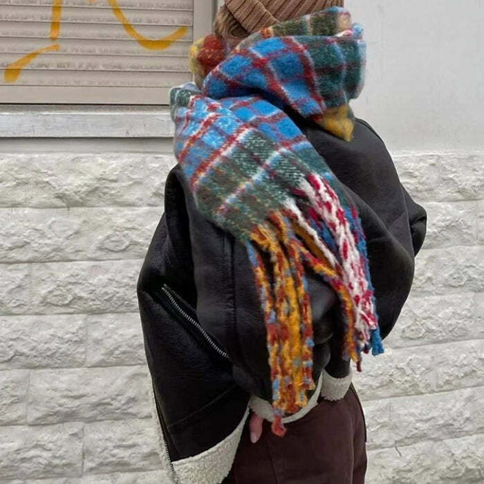 Autumn Feels Y2K Plaid Wool Scarf - 2000s Fashion Essential