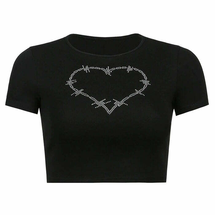 Barbed Heart Rhinestone Crop Top - Y2K Fashion Aesthetic Essential