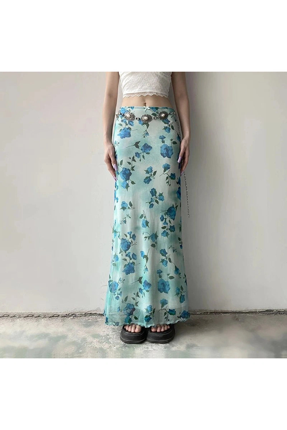 Blue Blossom Y2K Mesh Maxi Skirt - Trendy 2000s Fashion Essential