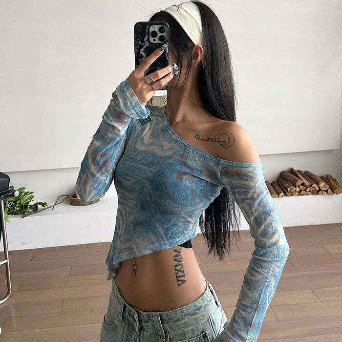 Blue Marble Asymmetrical Crop Top - Y2K Fashion Essential for Trendy Looks