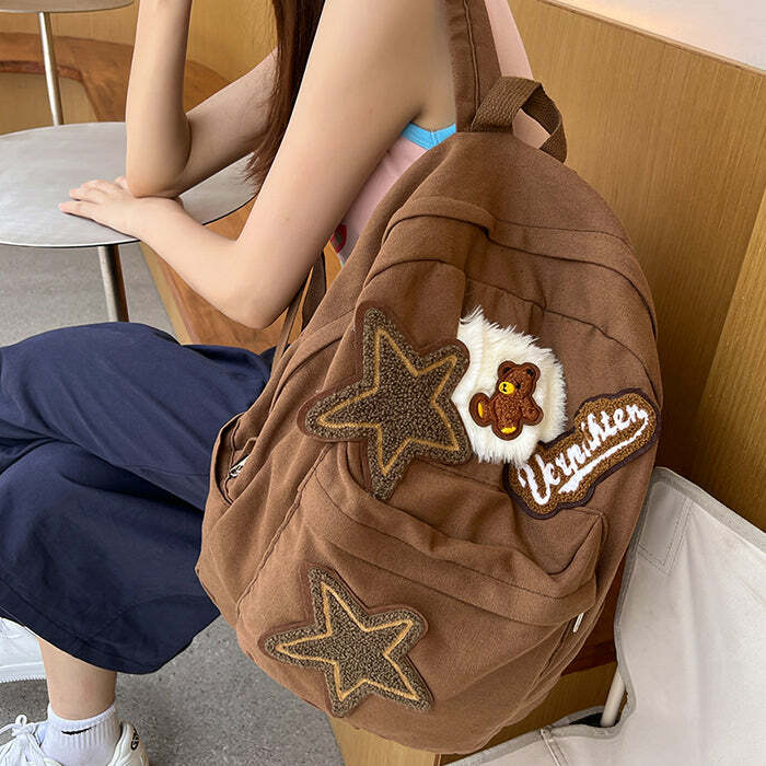 Brown Bear Star Backpack - Y2K Fashion Essential for Trendy Outfits