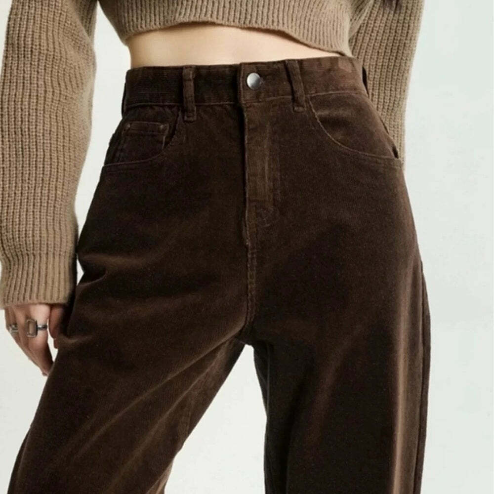 Brown High-Rise Retro Cord Pants - Y2K Fashion Essential for 2000s Style