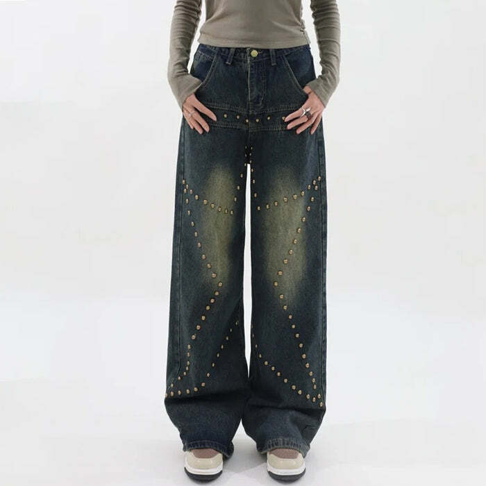 Brown Star Rivet Jeans - Trendy Y2K Fashion for a Retro 2000s Look