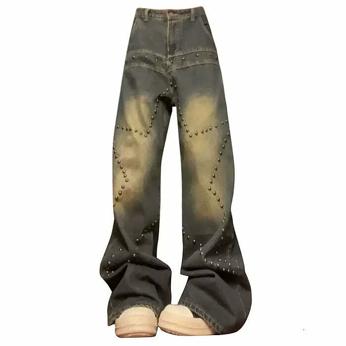 Brown Star Rivet Jeans - Trendy Y2K Fashion for a Retro 2000s Look