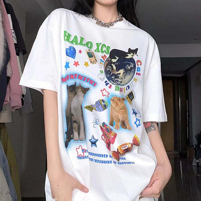 Cat's Planet Y2K Graphic Tee - Trendy 2000s Style for Unique Outfits