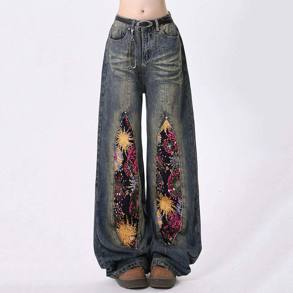 Celestial Magic Y2K Wide Leg Jeans - Trendy 2000s Style Denim