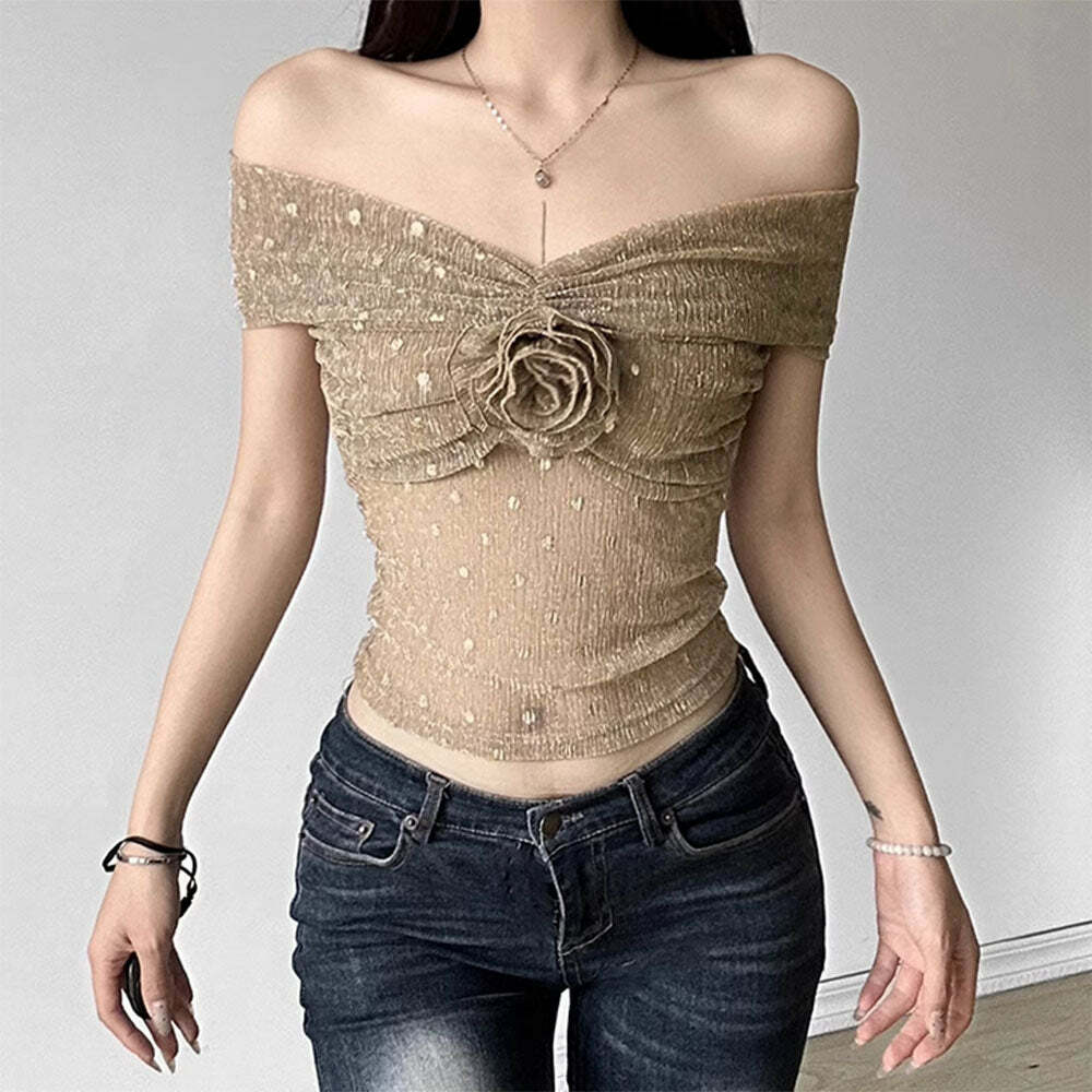 Charming Rose Y2K Aesthetic Bardot Mesh Top - 2000s Fashion Trend