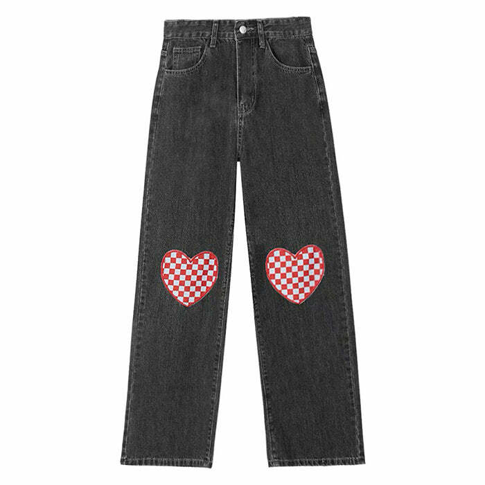 Checker Heart Wide Jeans - Y2K Fashion Essential for Trendy Outfits