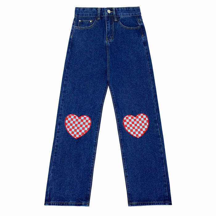 Checker Heart Wide Jeans - Y2K Fashion Essential for Trendy Outfits