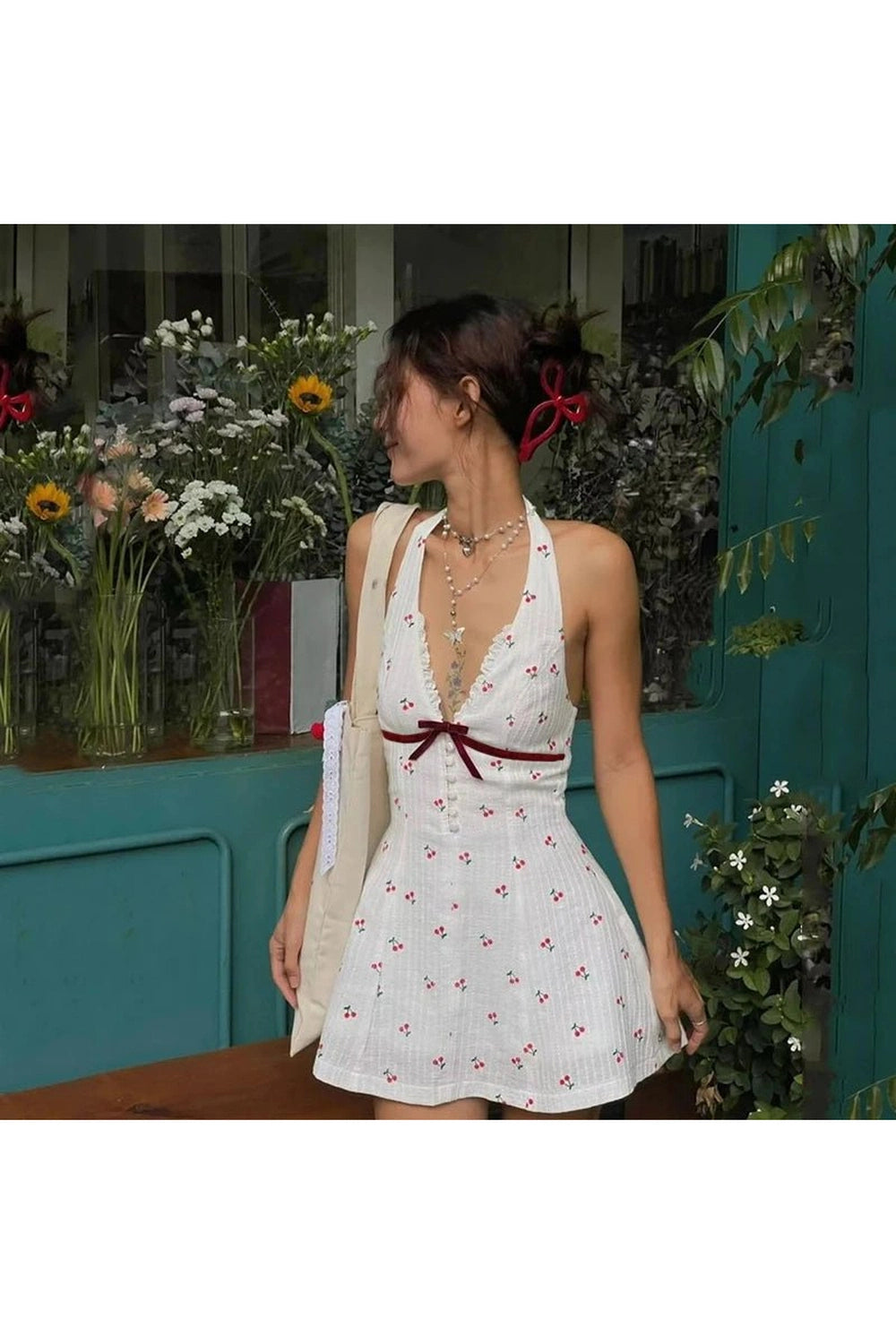 Cherry Blossom Y2K Halter Dress - Embrace 2000s Fashion Aesthetic