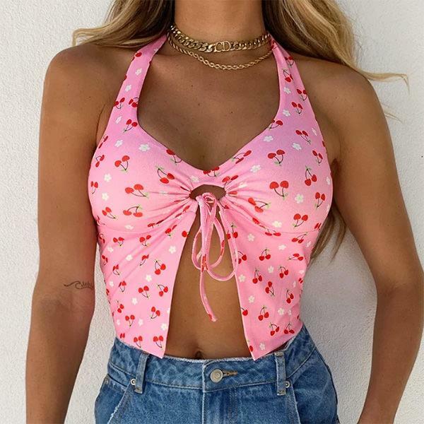 Cherry Blossom Y2K Halter Top - Trendy 2000s Style Aesthetic