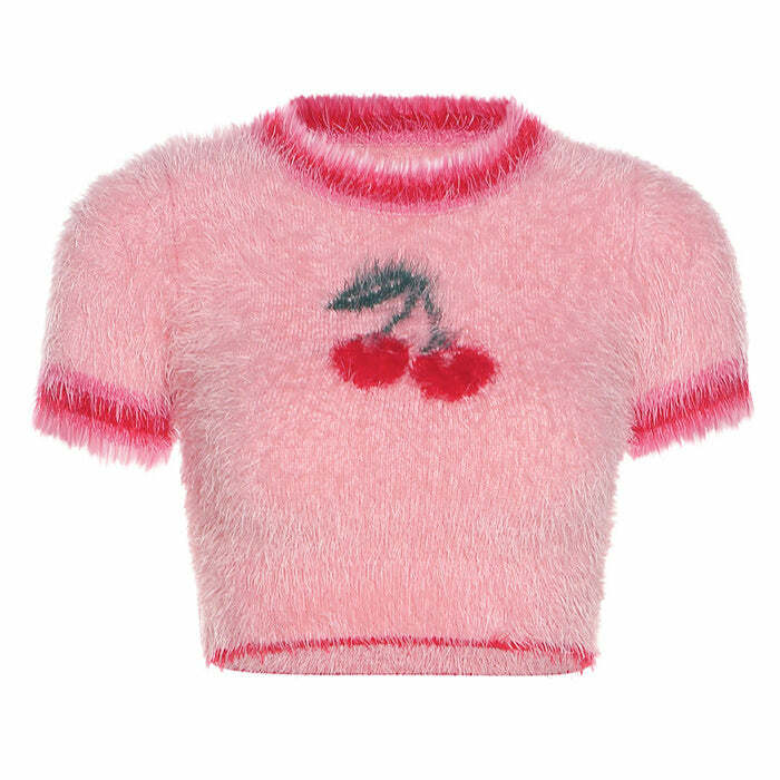 Cherry Fuzzy Crop Top - Y2K Fashion Essential for Trendy Outfits