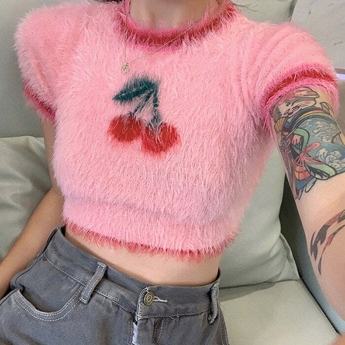 Cherry Fuzzy Crop Top - Y2K Fashion Essential for Trendy Outfits