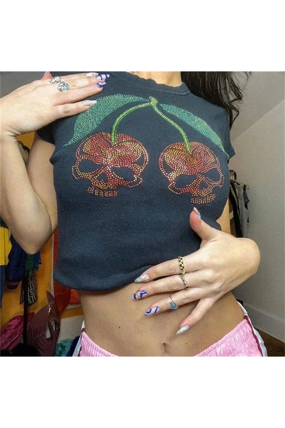 Cherry Skull Rhinestone Crop Top - Y2K Fashion Aesthetic Outfit