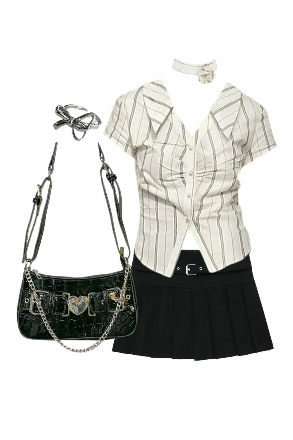 Chic Y2K Fashion: Elegant Stripe Blouse, Zipper Skirt & Crossbody Bag