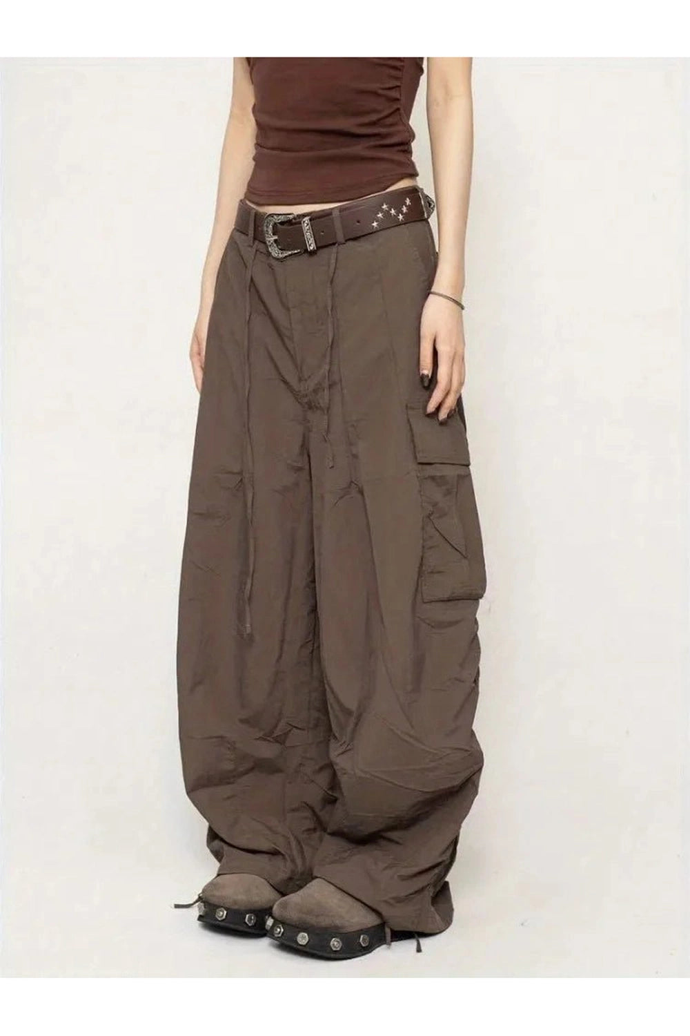 Chocolate Brown Y2K Parachute Cargo Pants - Trendy 2000s Style Outfit