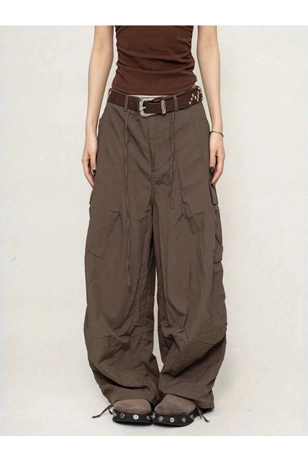 Chocolate Brown Y2K Parachute Cargo Pants - Trendy 2000s Style Outfit