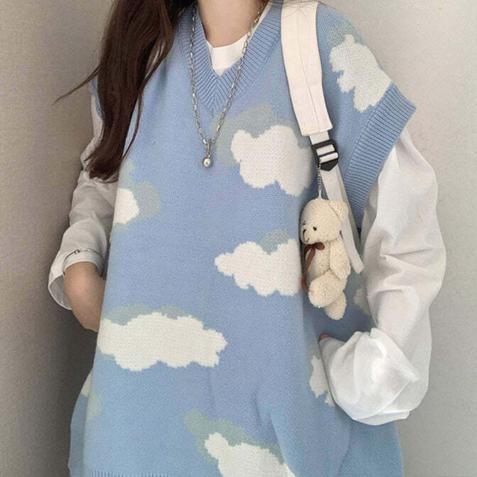 Cloudy Skies Y2K Knit Vest - Trendy 2000s Style for Effortless Aesthetic