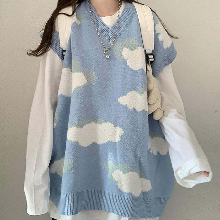 Cloudy Skies Y2K Knit Vest - Trendy 2000s Style for Effortless Aesthetic