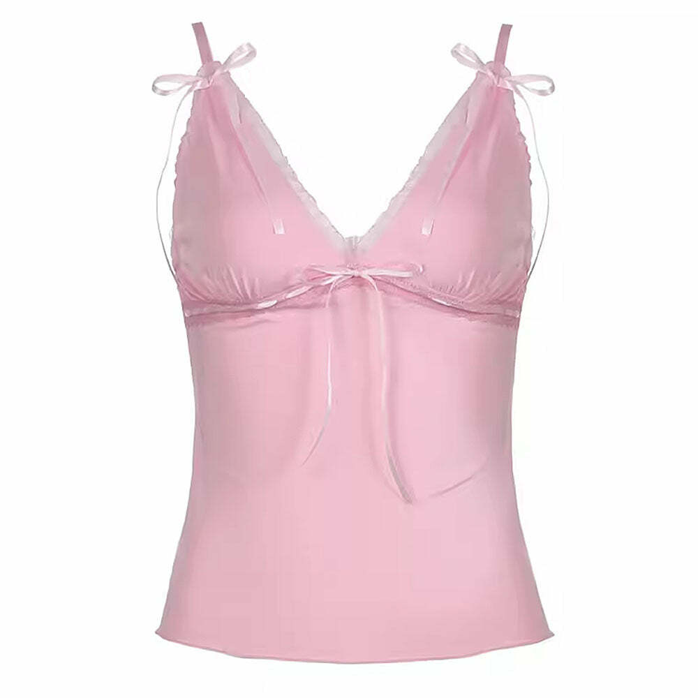 Coquette Girl Pink Bow Lace Top - Y2K Fashion Aesthetic Outfit