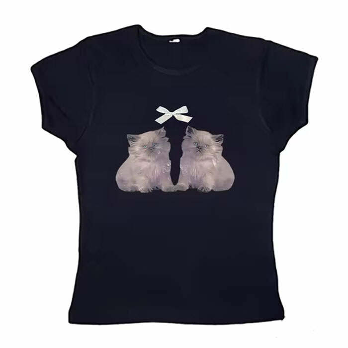 Coquette Kitten Y2K Baby Tee - Trendy 2000s Fashion Essential