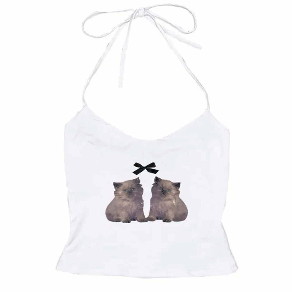 Coquette Kitten Y2K Halter Top - Trendy 2000s Fashion Essential