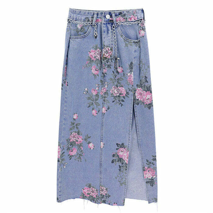 Cottage Floral Long Denim Skirt - Y2K Fashion Inspired 2000s Style