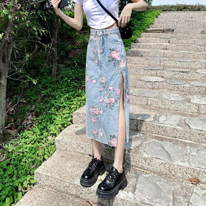 Cottage Floral Long Denim Skirt - Y2K Fashion Inspired 2000s Style