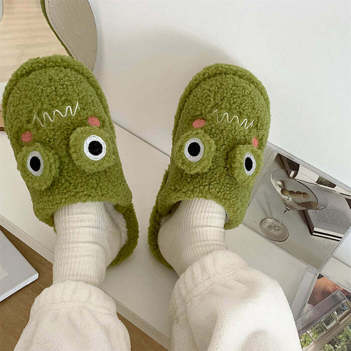 Cozy Frog Fuzzy Slippers - Y2K Fashion Inspired Comfort for All