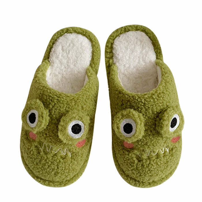 Cozy Frog Fuzzy Slippers - Y2K Fashion Inspired Comfort for All