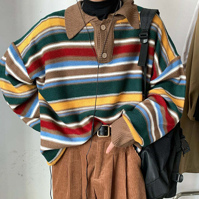 Cozy Up Striped Collar Sweater - Y2K Fashion Essential for 2000s Style