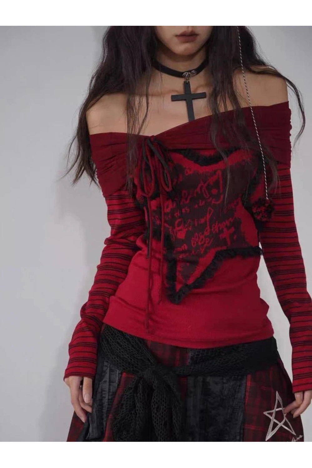 Crimson Chaos Y2K Off-Shoulder Top: Trendy 2000s Fashion Essential