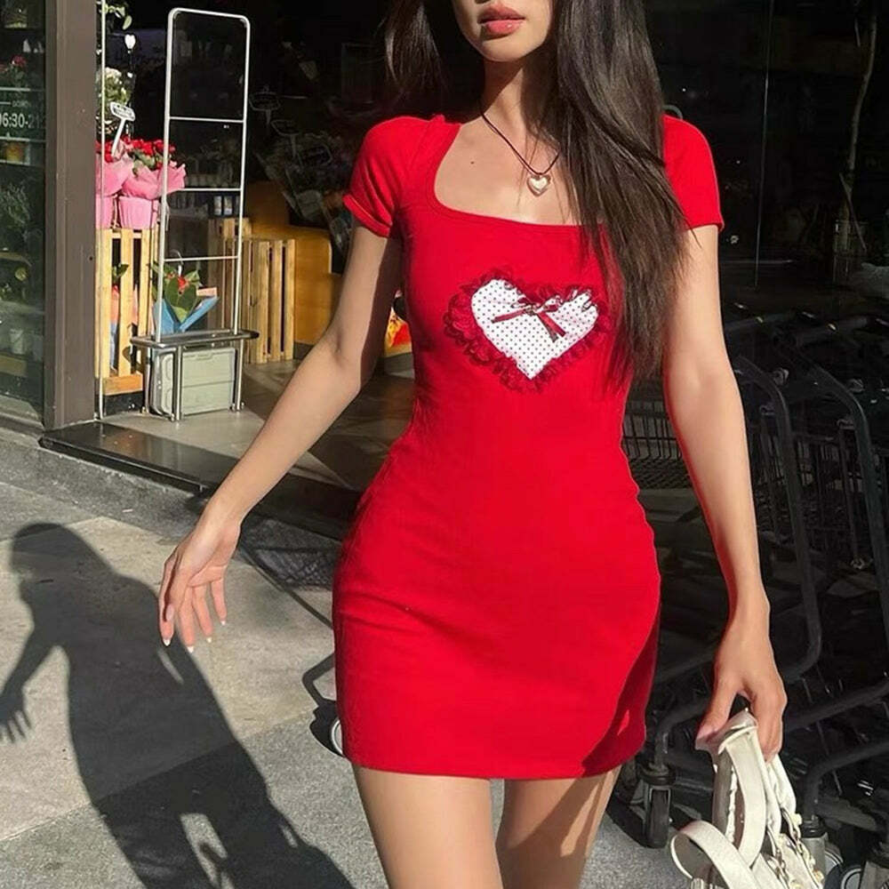 Crimson Heart Y2K Mini Dress - Trendy 2000s Style for Modern Fashionistas