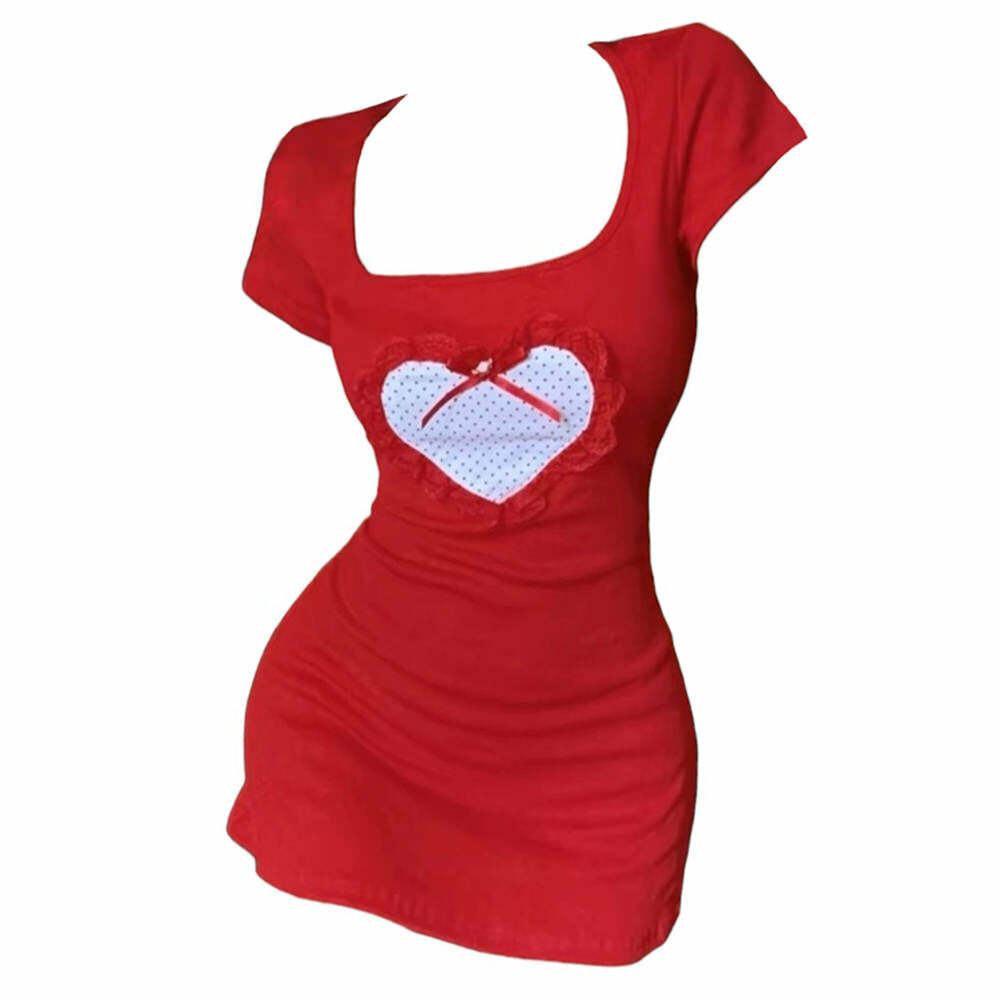 Crimson Heart Y2K Mini Dress - Trendy 2000s Style for Modern Fashionistas