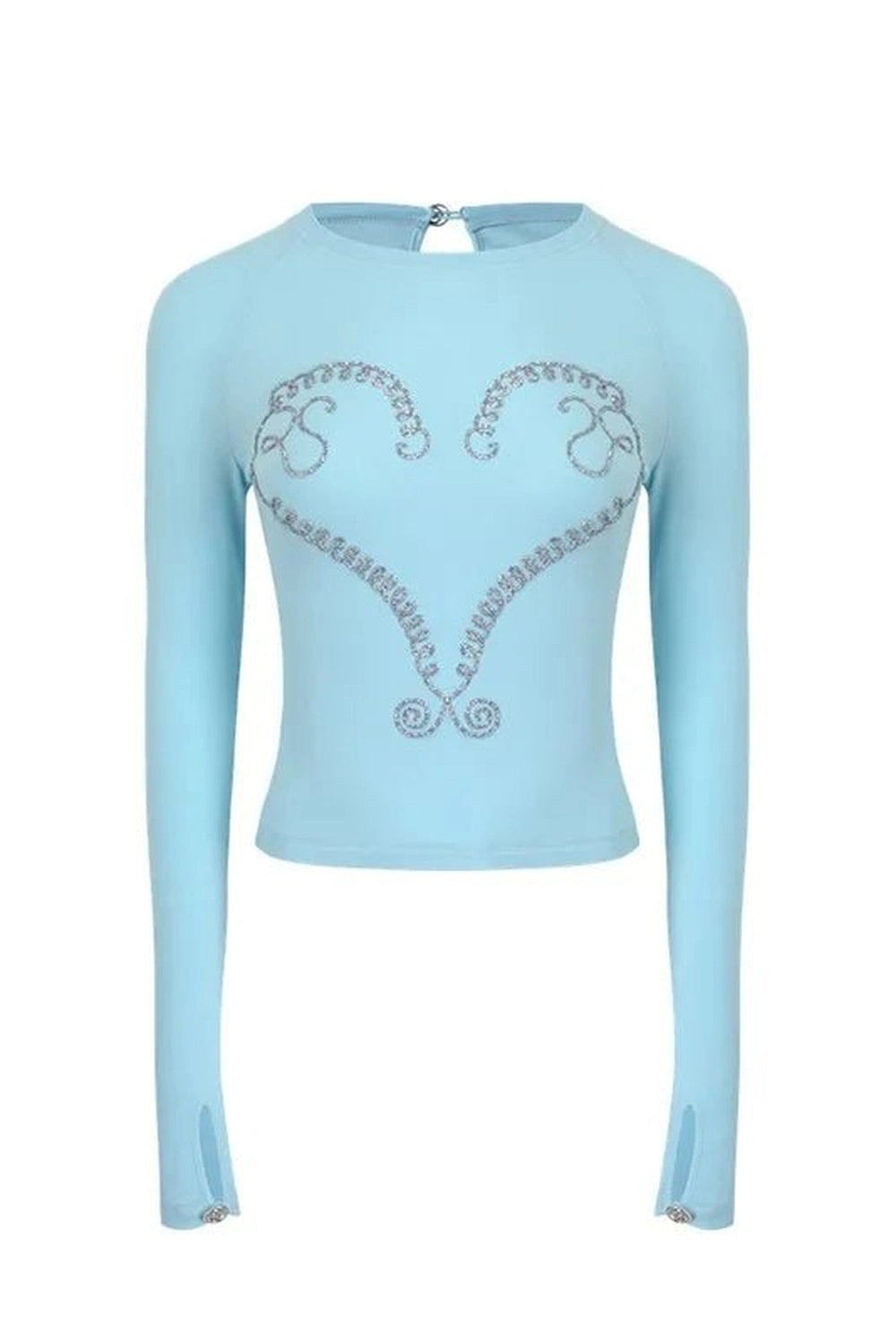 Crystal Heart Long Sleeve Crop Top - Y2K Fashion Aesthetic Outfit