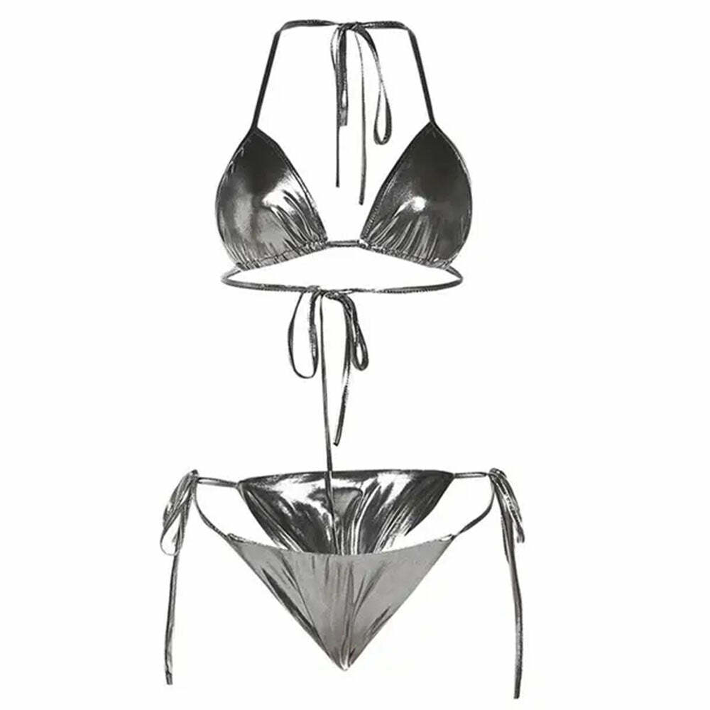 Cyber Y2K Metallic Bikini Set - Trendy 2000s Fashion Swimwear