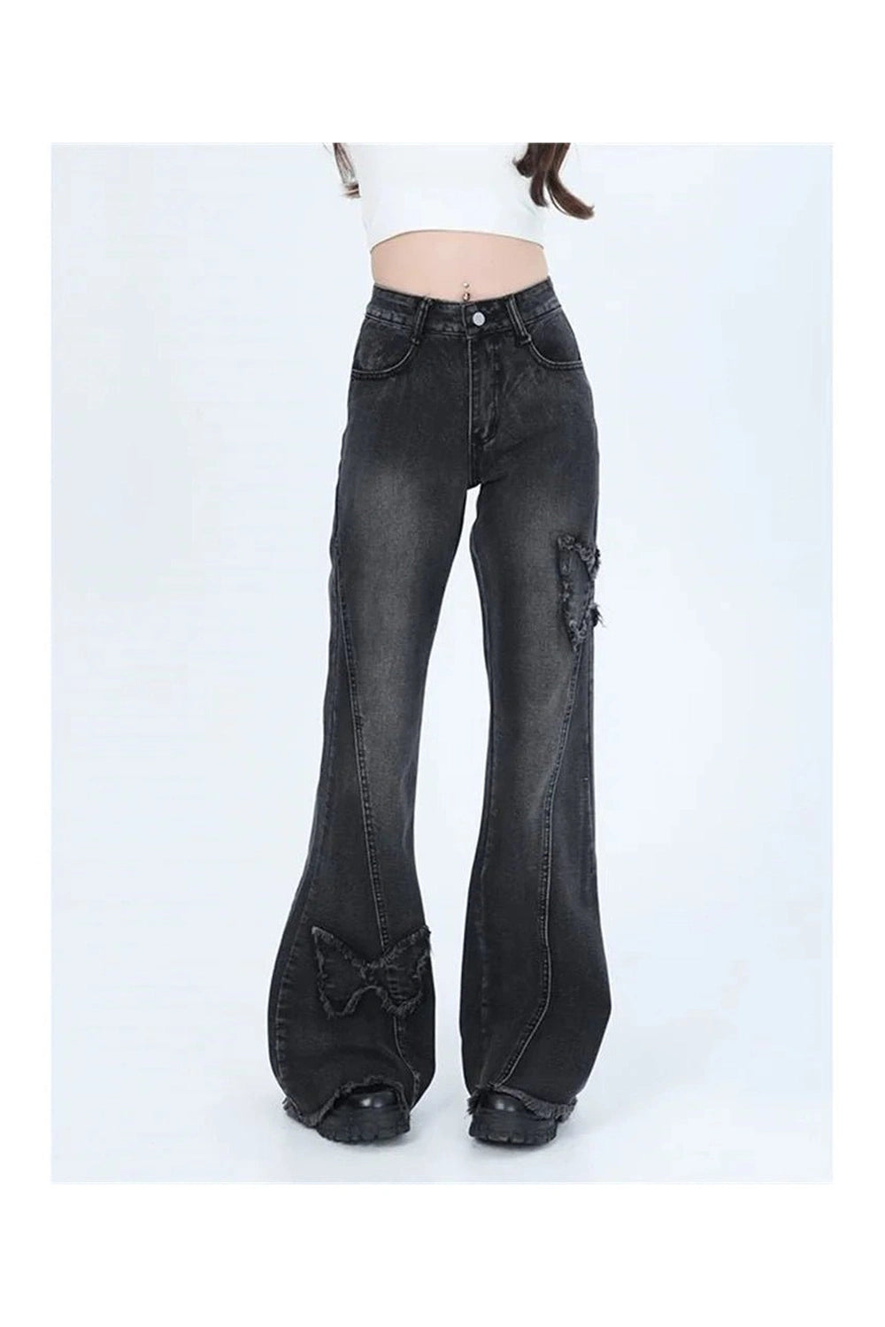 Dark Butterfly Flare Jeans - Y2K Fashion Essential for 2000s Style