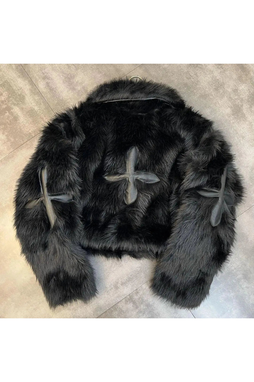 Dark Cross Faux Fur Jacket - Y2K Fashion Essential for 2000s Style