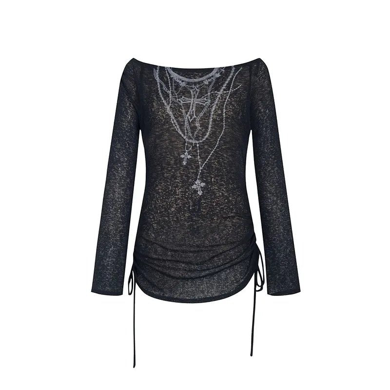 Dark Crucifix Long Sleeve Top - Y2K Fashion Aesthetic for Trendy Looks