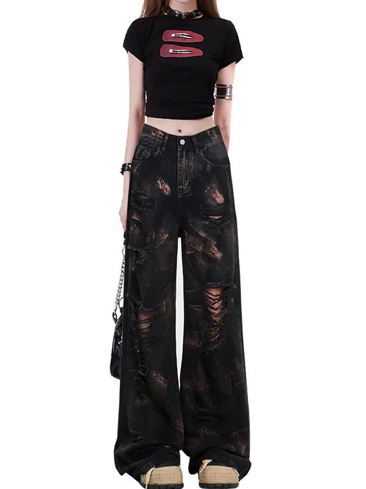 Dark Distortion Ripped Jeans - Y2K Fashion Essential for 2000s Style