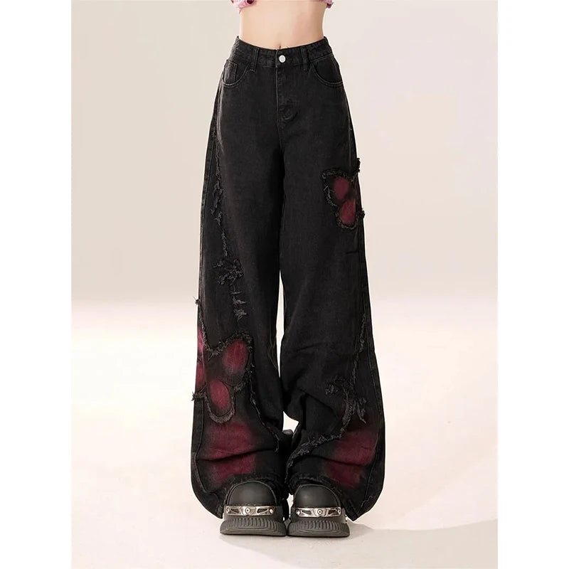 Distressed Red Butterfly Denim Pants - Y2K Fashion Statement Piece