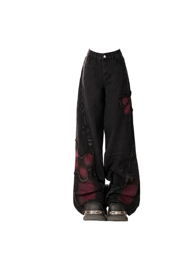 Distressed Red Butterfly Denim Pants - Y2K Fashion Statement Piece