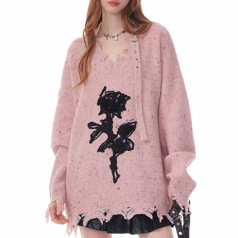 Distressed Rose Print Sweater - Y2K Fashion Essential for 2000s Style