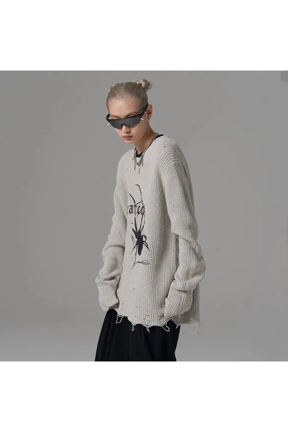 Distressed Spider Graphic Sweater - Y2K Fashion Essential for 2000s Style