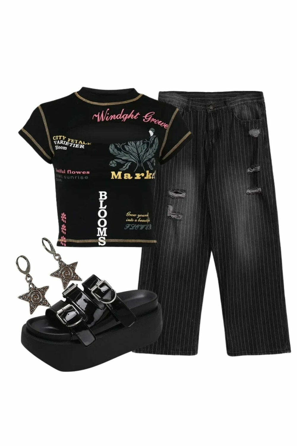 Edgy Y2K Fashion: Text Print Keyhole Top & Grunge Pinstripe Pants Set