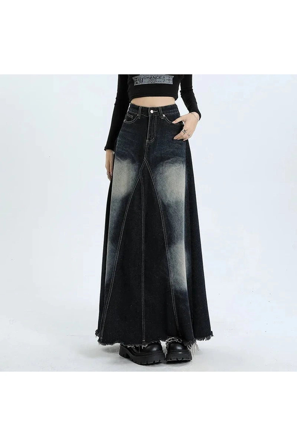 Faded Black Maxi Denim Skirt - Y2K Fashion Essential for 2000s Style